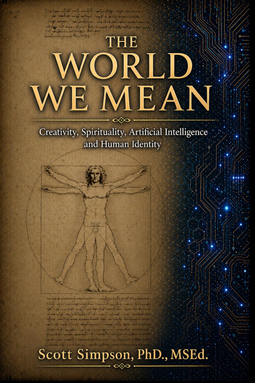 The World We Mean book cover, with gold lettering, a classical human figure, and blue circuitry